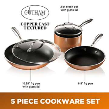 Gotham Steel Copper Cast 5 Piece Cookware, Pots and Pan Set with Triple Coated Nonstick Copper Surfa...
