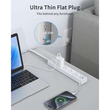 HOPOW Ultra Thin Flat Plug Power Strip with 5 Outlets & 3 USB Ports, 1700 Joules, Space-Saving Desig...