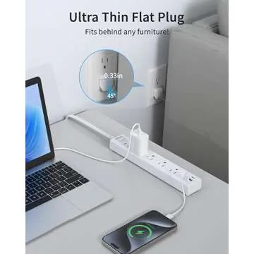 HOPOW Ultra Thin Flat Plug Power Strip with 5 Outlets & 3 USB Ports, 1700 Joules, Space-Saving Desig...