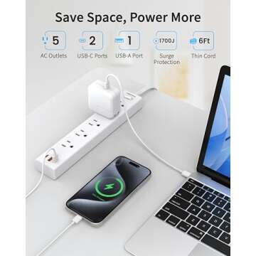 HOPOW 6 Ft Flat Plug Power Strip with USB Ports