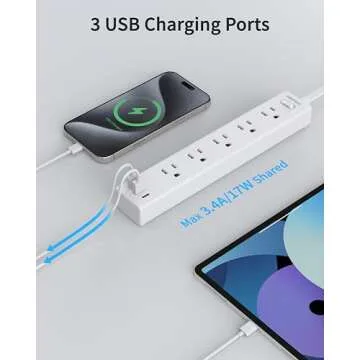 HOPOW 6 Ft Flat Plug Power Strip with USB Ports