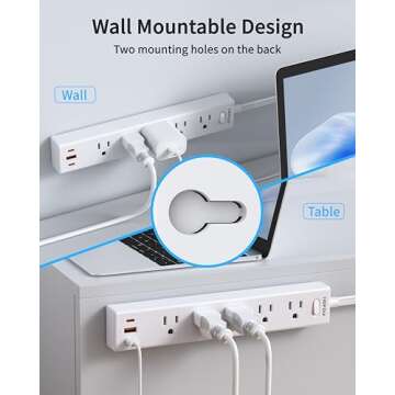 HOPOW 6 Ft Flat Plug Power Strip with USB Ports
