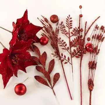 54 Pcs Red Glitter Cedar Sprigs for Festive Decor