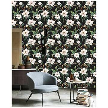 HAOKHOME Vintage Floral Peel and Stick Wallpaper Black/White/Green Removable for Bedroom Decorations 17.7in x 118in