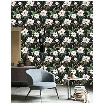 HAOKHOME Vintage Floral Peel and Stick Wallpaper Black/White/Green Removable for Bedroom Decorations 17.7in x 118in