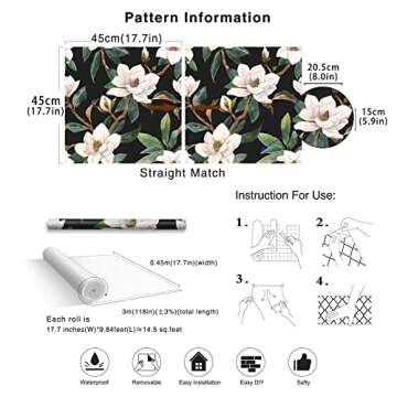 HAOKHOME Vintage Floral Peel and Stick Wallpaper Black/White/Green Removable for Bedroom Decorations 17.7in x 118in