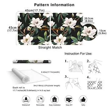 HAOKHOME Vintage Floral Peel and Stick Wallpaper Black/White/Green Removable for Bedroom Decorations 17.7in x 118in