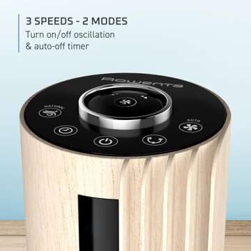 Rowenta, Tower Fan, Urban Cool Silent Tower Fan, Quiet Floor Fan for Bedroom with 3 Speeds, Oscillation, Remote Control, Timer, Black + Wood Effect, Indoor, VU6770
