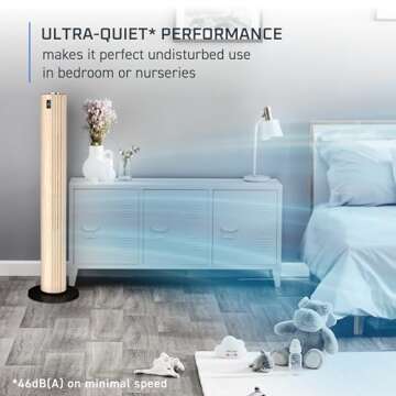 Rowenta, Tower Fan, Urban Cool Silent Tower Fan, Quiet Floor Fan for Bedroom with 3 Speeds, Oscillation, Remote Control, Timer, Black + Wood Effect, Indoor, VU6770