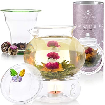 Teabloom Wings of Love Blooming Tea Gift Set - 40 oz Borosilicate Glass Teapot, Teapot Warmer, Glass Loose Tea Infuser, 12 Fruit Flowering Tea Canister