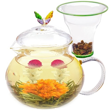 Teabloom Wings of Love Blooming Tea Gift Set - 40 oz Borosilicate Glass Teapot, Teapot Warmer, Glass Loose Tea Infuser, 12 Fruit Flowering Tea Canister