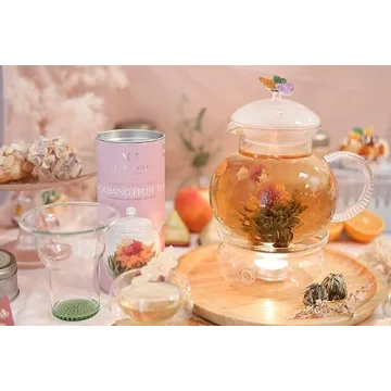 Teabloom Wings of Love Blooming Tea Gift Set - 40 oz Borosilicate Glass Teapot, Teapot Warmer, Glass Loose Tea Infuser, 12 Fruit Flowering Tea Canister