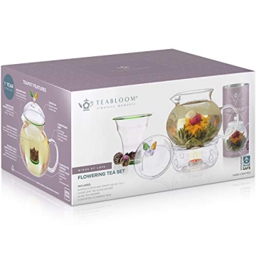 Teabloom Wings of Love Blooming Tea Gift Set - 40 oz Borosilicate Glass Teapot, Teapot Warmer, Glass Loose Tea Infuser, 12 Fruit Flowering Tea Canister