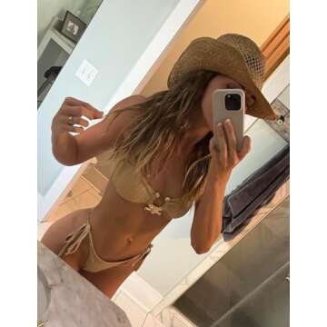 ZAFUL Ribbed Strapless Swimsuits for Women Cutout Bandeau Bathing Suit Tie Side Textured Bikini Thong Swimwear Beige M