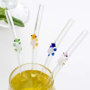 4 Pcs Glass Straws With Turtle Charms, Cute Fun Reusable Straws, With Design Clear Bent Straws, With...