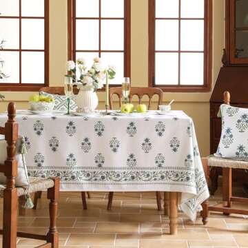 ISAENNE Floral Tablecloth for Rectangle Tables,Linen Table Cloth with Blue Flowers and Green Leaves,...