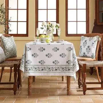 ISAENNE Floral Tablecloth for Rectangle Tables,Linen Table Cloth with Blue Flowers and Green Leaves,Heavy Durable Table Cover for Dining Thanksgiving Kitchen Party Banquet Christmas,55"*79"