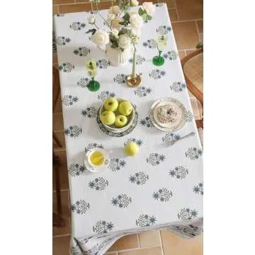 ISAENNE Floral Tablecloth for Rectangle Tables,Linen Table Cloth with Blue Flowers and Green Leaves,Heavy Durable Table Cover for Dining Thanksgiving Kitchen Party Banquet Christmas,55"*79"