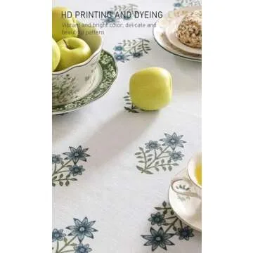 ISAENNE Floral Tablecloth for Rectangle Tables,Linen Table Cloth with Blue Flowers and Green Leaves,Heavy Durable Table Cover for Dining Thanksgiving Kitchen Party Banquet Christmas,55"*79"