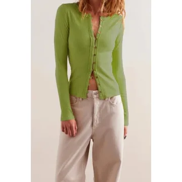 Women's Slim Fitted Ribbed Button Down Shirts Green
