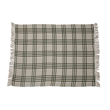 Soft Cozy Recycled Cotton Plaid Throw Blanket Green Natural