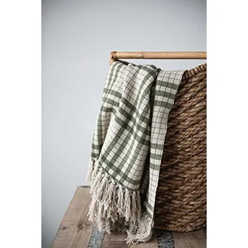 Soft Cozy Recycled Cotton Plaid Throw Blanket Green Natural