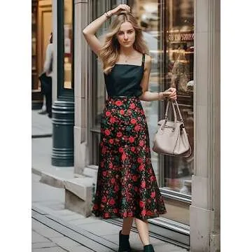 Keasmto Womens Floral Skirts Midi Length High Waist Silk Satin Elasticized A Line Summer Casual Boho Flower Skirt Black Red Floral-03 M