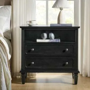 HULALA HOME Farmhouse Nightstand with Charging Station, Set of 2 End Table with USB Ports and Outlets, Fluted Pilasters Bedside Table with Open Space Dresser for Bedroom,Black