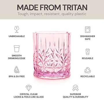 BELLAFORTE Shatterproof Tritan Plastic Short Tumbler, Set of 4, 13oz - Myrtle Beach Unbreakable Crystal Cut Old Fashioned Drinking Glasses for Whiskey - BPA Free - Dishwasher Safe - Pink