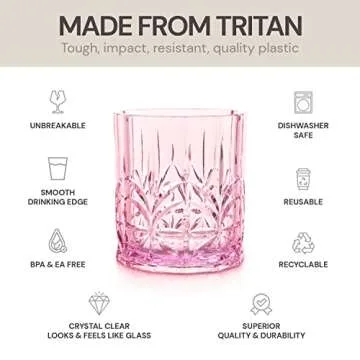 BELLAFORTE Shatterproof Tritan Plastic Short Tumbler, Set of 4, 13oz - Myrtle Beach Unbreakable Crystal Cut Old Fashioned Drinking Glasses for Whiskey - BPA Free - Dishwasher Safe - Pink