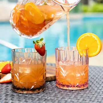 BELLAFORTE Shatterproof Tritan Plastic Short Tumbler, Set of 4, 13oz - Myrtle Beach Unbreakable Crystal Cut Old Fashioned Drinking Glasses for Whiskey - BPA Free - Dishwasher Safe - Pink