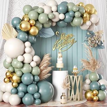 Dusty Sage Green Blue Gold Balloon Garland Kit, 107 PCS Pastel Olive Green Slate Blue Beige Metallic...