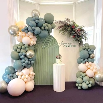 Dusty Green Blue Beige Gold Balloon Garland Kit, 107 PCS