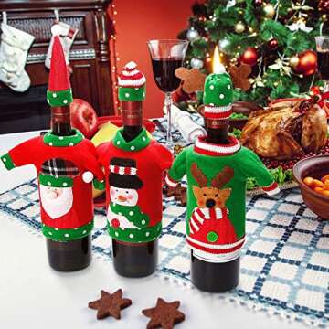 Boao 6 Sets Christmas Wine Bottle Cover and Hats Decoration Handmade Ugly Sweater Knit Wine Bottle Dress Santa Reindeer Snowman for Christmas Holiday Party Decorations