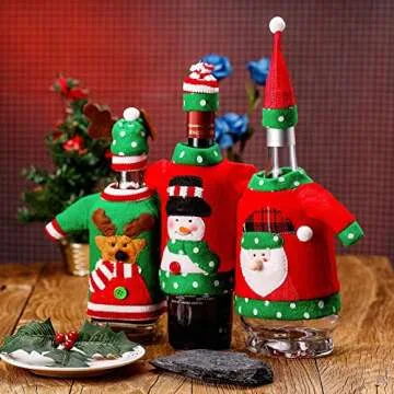 Boao 6 Sets Christmas Wine Bottle Cover and Hats Decoration Handmade Ugly Sweater Knit Wine Bottle Dress Santa Reindeer Snowman for Christmas Holiday Party Decorations