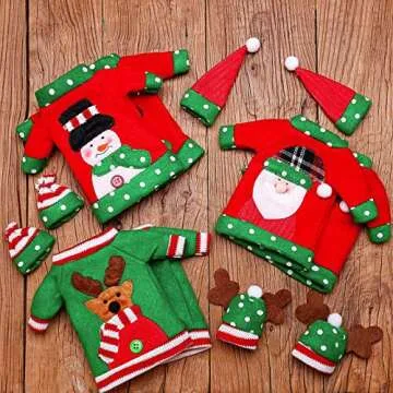 Boao 6 Sets Christmas Wine Bottle Cover and Hats Decoration Handmade Ugly Sweater Knit Wine Bottle Dress Santa Reindeer Snowman for Christmas Holiday Party Decorations