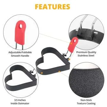 3.5 Inch Egg Ring with Foldable Handle, Stainless Steel Heart Shaped Egg Rings for Frying Eggs, English Muffins, Cooking Breakfast Sandwich Burger, 2 Pack