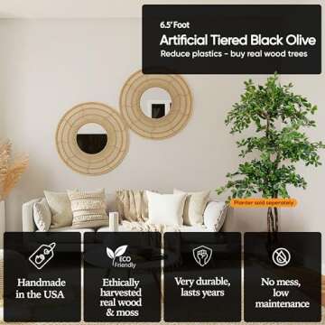 Cypress & Alabaster Handmade 6.5ft 3-Tier Italian Black Olive Leaf Artificial Tree with Ethically Sourced Real Wood Trunks, Hypoallergenic, 6.5-Foot, Green