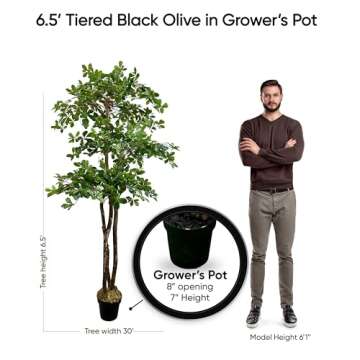 Cypress & Alabaster Handmade 6.5ft 3-Tier Italian Black Olive Leaf Artificial Tree with Ethically Sourced Real Wood Trunks, Hypoallergenic, 6.5-Foot, Green