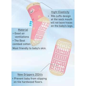 RATIVE Non Skid Anti Slip Cotton Dress Crew Socks With Grips For Baby Infant Toddler Kids Girls (6-12 Months, RG-820821)