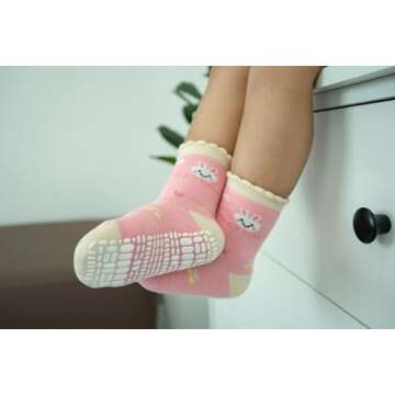 RATIVE Non Skid Anti Slip Cotton Dress Crew Socks With Grips For Baby Infant Toddler Kids Girls (6-12 Months, RG-820821)