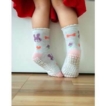 RATIVE Non Skid Anti Slip Cotton Dress Crew Socks With Grips For Baby Infant Toddler Kids Girls (6-12 Months, RG-820821)