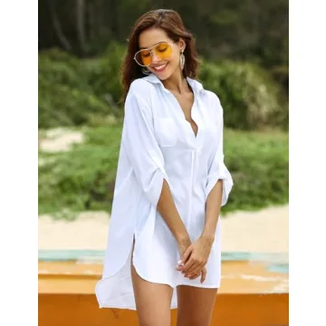 Ekouaer Women's Swimsuit Beach Cover Up Shirt Bikini Beachwear Bathing Suit Beach Dress White
