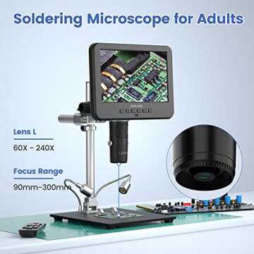 JOYALENS JL246MS 3 Lens 7'' LCD HDMI Digital Microscope 2000x, 24MP Soldering Microscope Pro Metal Stand for Vertical Horizontal Adjust, Coin Microscope, Biological Microscope, PC Support, 32G Card