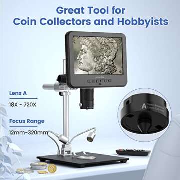 JOYALENS JL246MS 3 Lens 7'' LCD HDMI Digital Microscope 2000x, 24MP Soldering Microscope Pro Metal Stand for Vertical Horizontal Adjust, Coin Microscope, Biological Microscope, PC Support, 32G Card