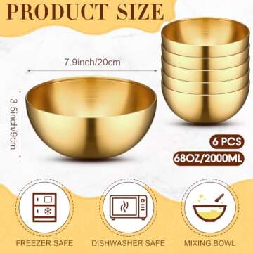 Nuogo 6 Pack Gold Mixing Bowls Stainless Steel Bowls for Cereal Rice Noddle Snack Facial Fruit Cerea...