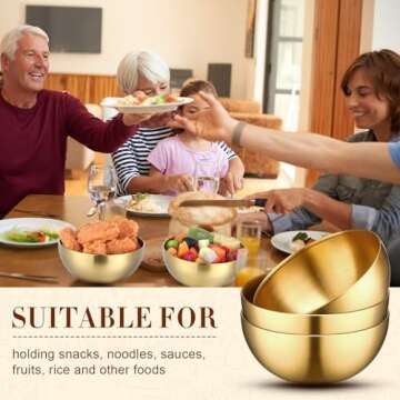 Nuogo 6 Pack Gold Mixing Bowls Stainless Steel Bowls for Cereal Rice Noddle Snack Facial Fruit Cereal Snack Appetizer Cooking Baking Serving(7.9 Inches)