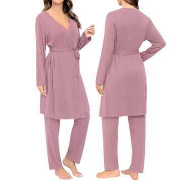 SWOMOG Maternity Nursing Robe Set 3 Piece Breastfeeding Pajamas 3 in 1 Labor Delivery Sleevless Tops&Long Pants Pregnancy Pjs