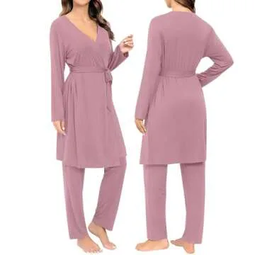 SWOMOG Maternity Nursing Robe Set 3 Piece Breastfeeding Pajamas 3 in 1 Labor Delivery Sleevless Tops&Long Pants Pregnancy Pjs