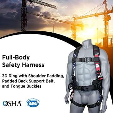 AFP Fall Protection Full-Body Premium American Flag Safety Harness, Vented & Padded Shoulder, Legs &...